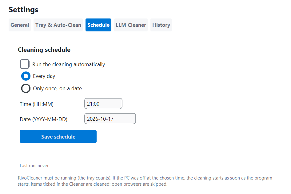 Cleaning schedule settings