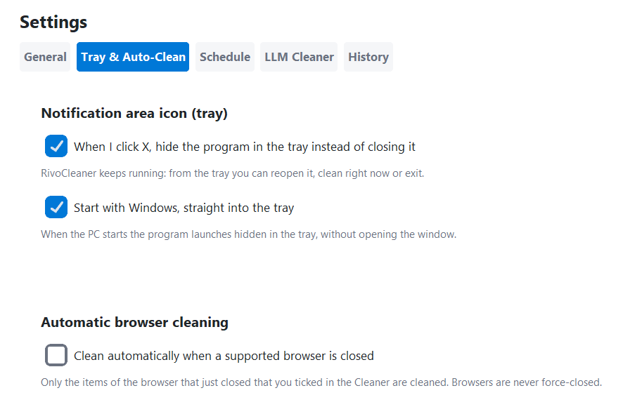 Tray and auto-clean settings