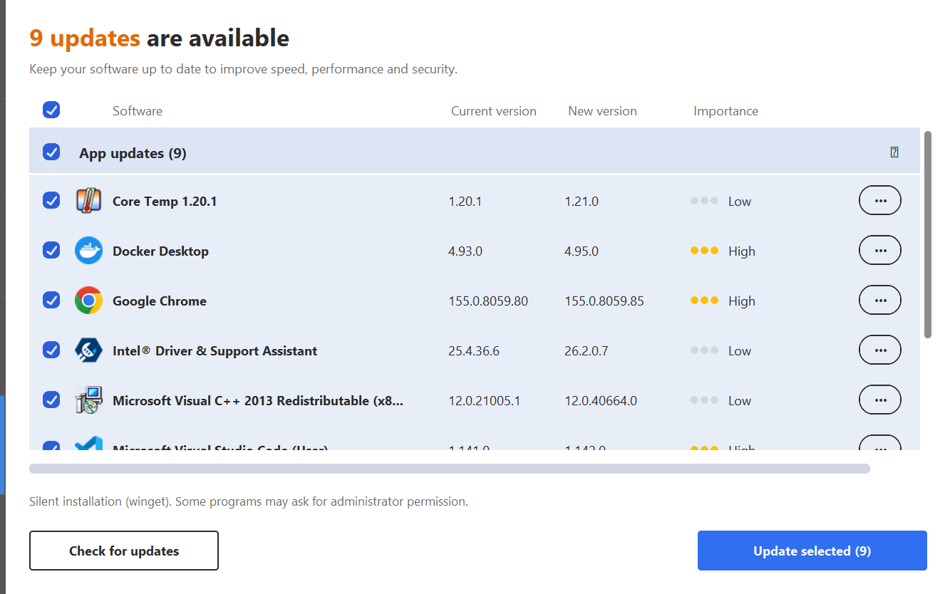 Software updater listing available updates