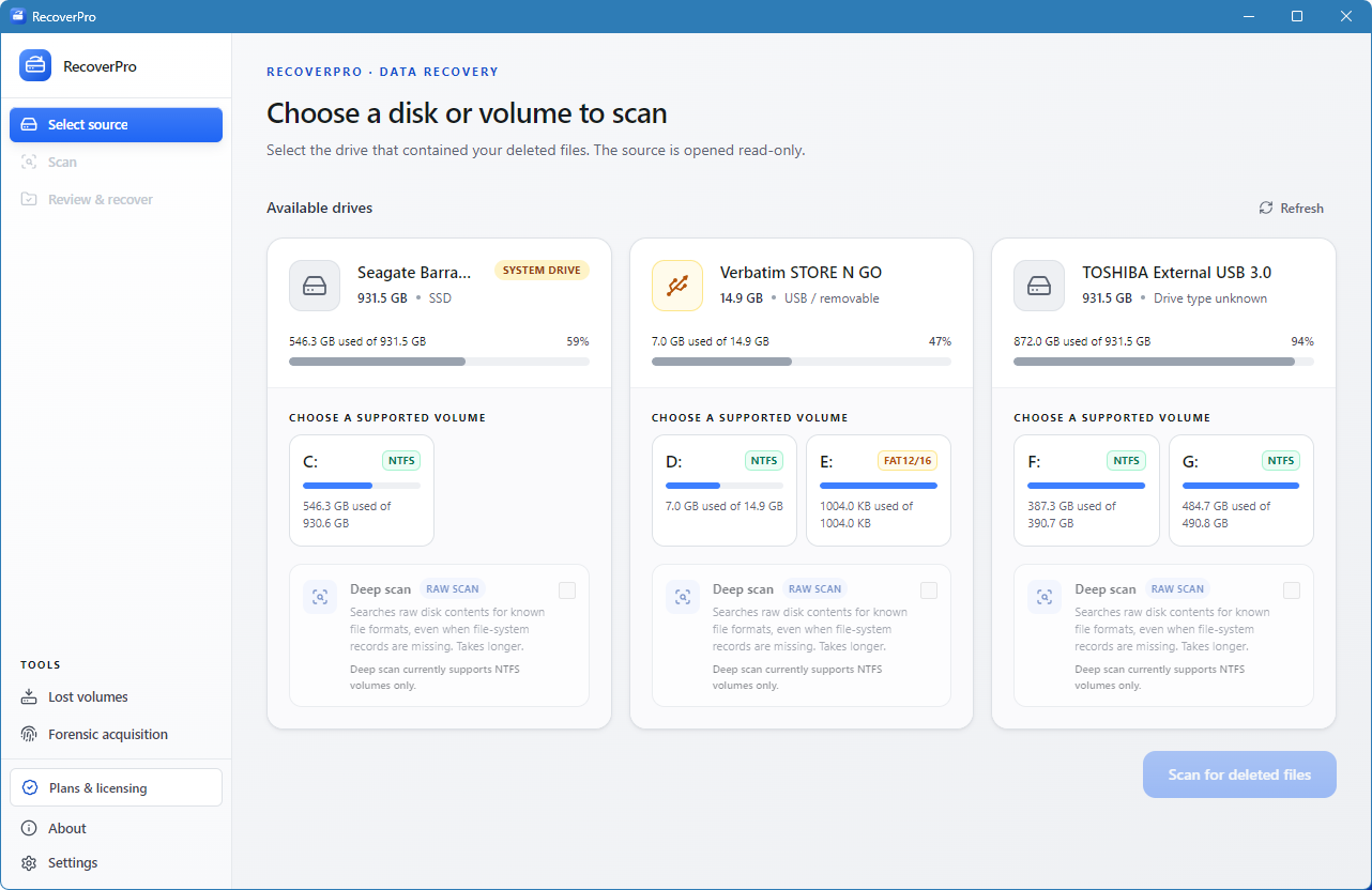Drive selection screen listing three drives with their volumes and the deep scan option greyed out until a volume is chosen