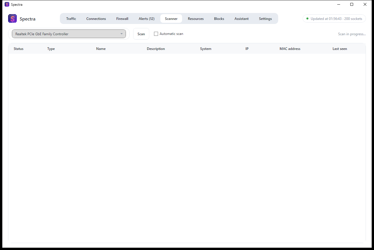 Spectra scanner page listing devices on the local network