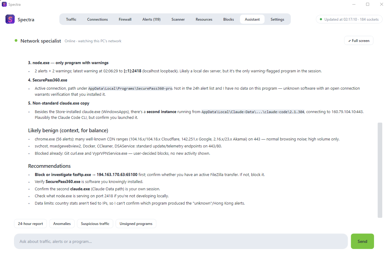 Spectra network specialist assistant chat window