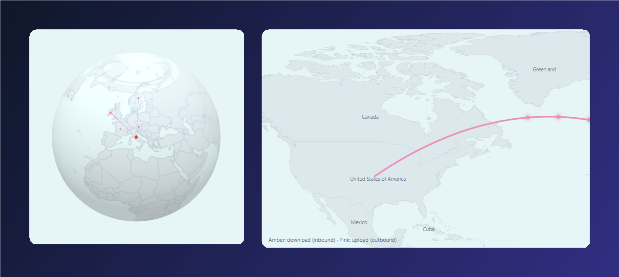 Spectra globe and map: live connections drawn on the globe, and the public map with the flow from this computer
