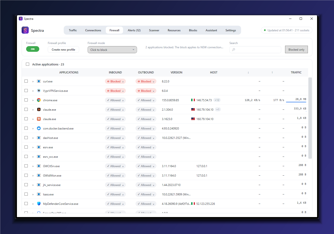 Spectra firewall: every program with its inbound and outbound status, blocked and allowed